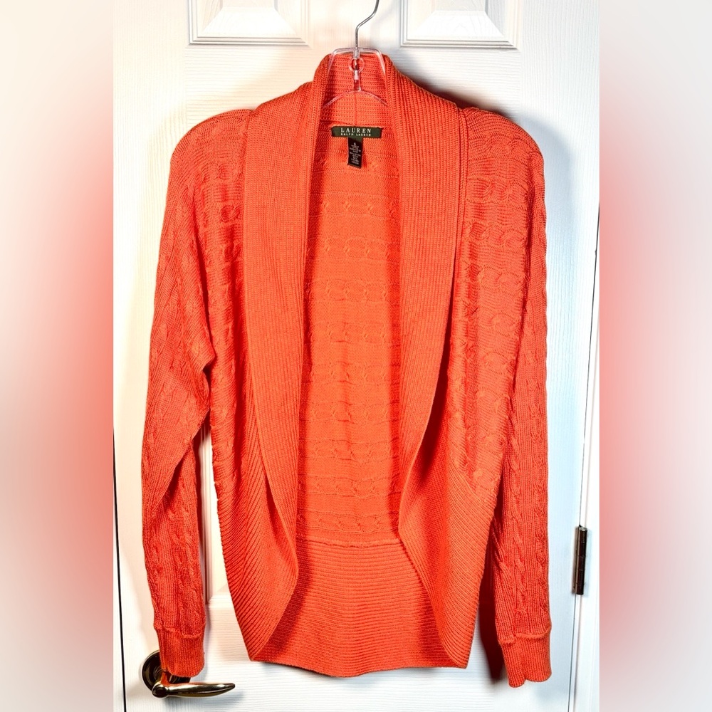 Lauren Ralph Cable-Knit Open Front Draped Cardigan Orange Small